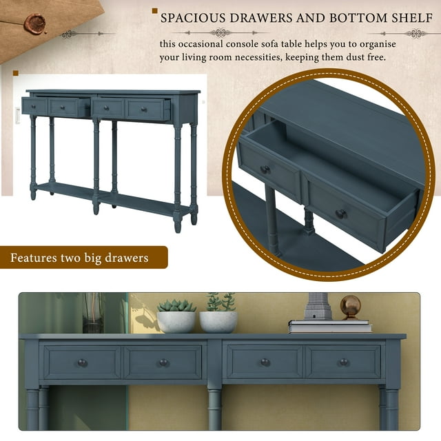 Livingroom Sofa Table, Tall Console Table with 2 Big Drawers and Bottom Shelf, Retro Wood Tall Console Table with Wood Frame and Legs, Accent Storage Cabinet for Entryway, Antique Navy, SS1177