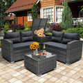 Outdoor Patio Conversation Set, 4 PCS All-Weather PE Rattan Sectional Cushioned Sofa with Table and Storage Box, Manual-Woven Wicker Couch Chair Set, Outdoor Patio Deck Garden Bistro Set, B864