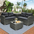 Outdoor Patio Conversation Set, 4 PCS All-Weather PE Rattan Sectional Cushioned Sofa with Table and Storage Box, Manual-Woven Wicker Couch Chair Set, Outdoor Patio Deck Garden Bistro Set, B864