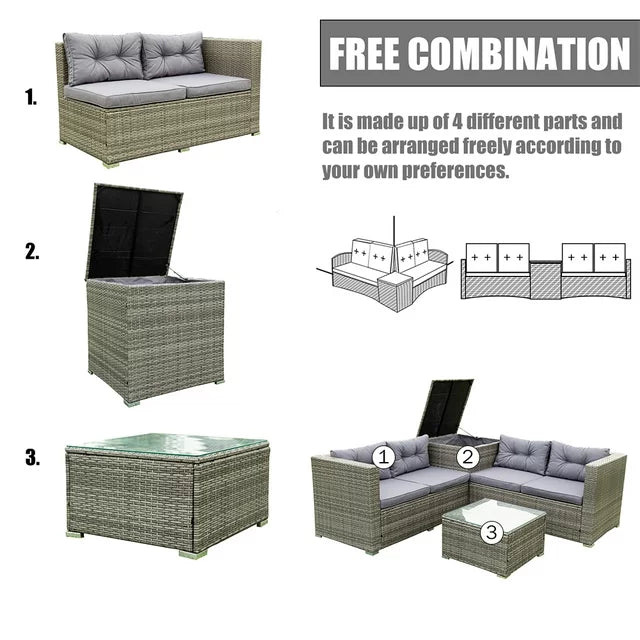 SEGMART 4 Piece Patio Furniture Set, All-Weather Outdoor Sectional Sofa Set, PE Rattan Conversation Set with Storage Box, Table & Cushion, Wicker Furniture Couch Set for Patio Deck Garden Pool Yard