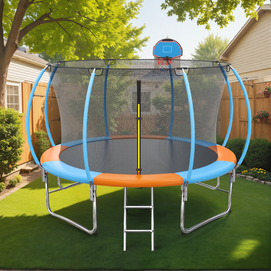 12ft Trampoline with Safety Enclosure, SEGMART Upgrade Outdoor Trampoline with Basketball Hoop, Heavy Duty Back Yard Trampoline with Ladder for Kids and Adults, Black