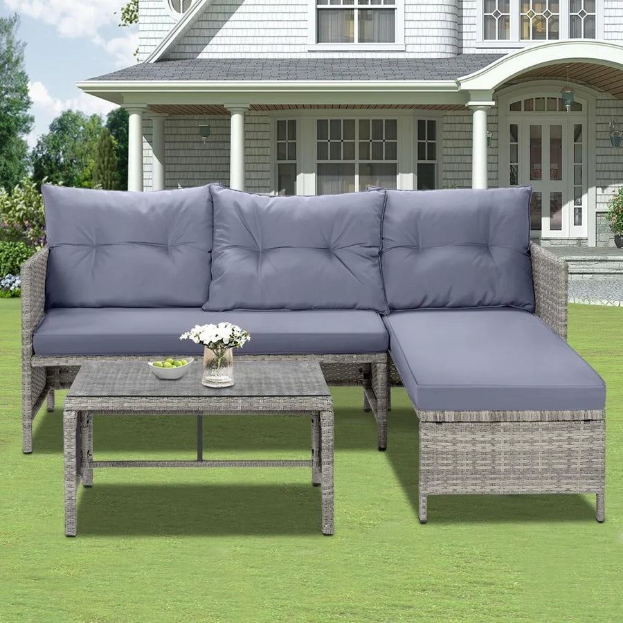 4 Piece Patio Furniture Set, All-Weather Outdoor Sectional Sofa Set, PE Rattan Conversation Set with Storage Box, Table & Cushions, Wicker Furniture Couch Set for Patio Deck Garden Poolside Yard, B862