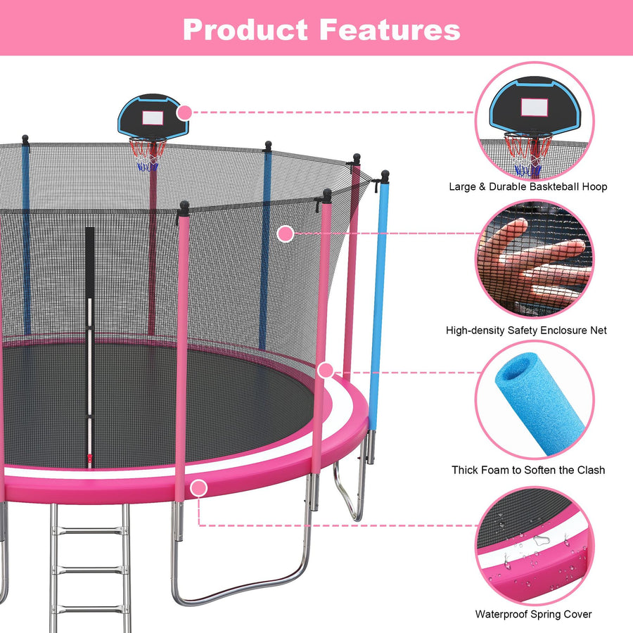 16FT Trampoline with Basketball Hoop, Blue Outdoor Trampolines Recreational Kids Trampoline with Enclosure Net Outdoor for 3-5 Kids, L