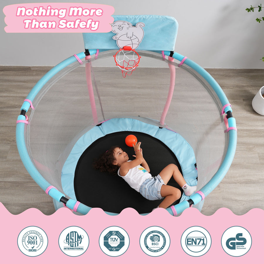 4FT Trampoline with Safety Enclosure Net for Kids, Toddler Mini Trampoline with Basketball Hoop, Ball, Indoor Outdoor Recreational Trampoline with Arc Designed, Gift for Boys & Girls, Baby Blue