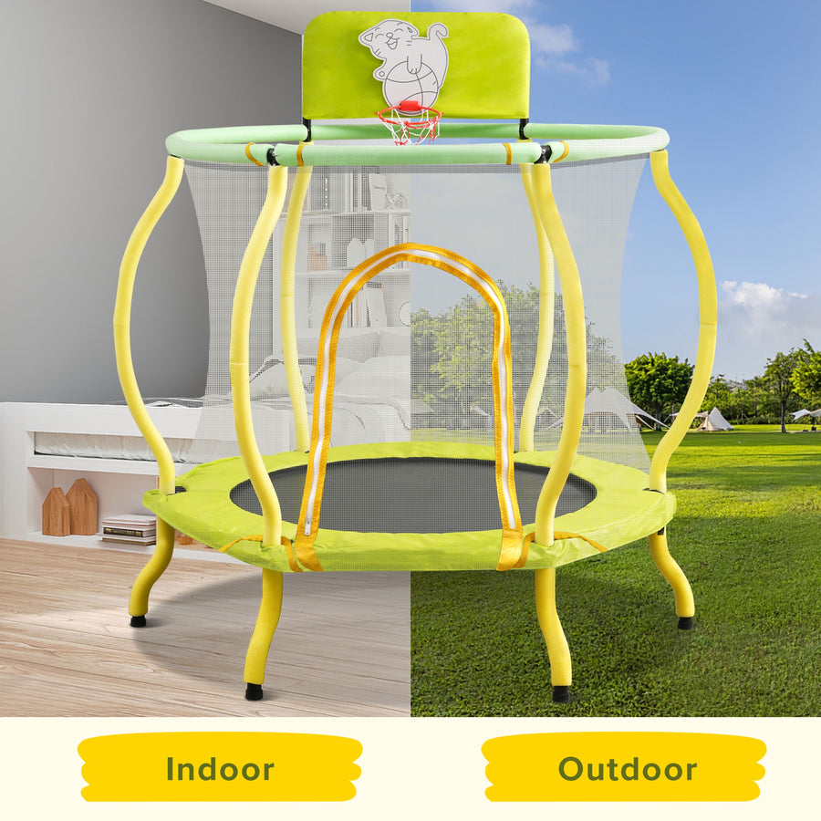 4FT Trampoline with Safety Enclosure Net for Kids, Toddler Mini Trampoline with Basketball Hoop, Ball, Indoor Outdoor Recreational Trampoline with Arc Designed, Gift for Boys & Girls, Light Yellow