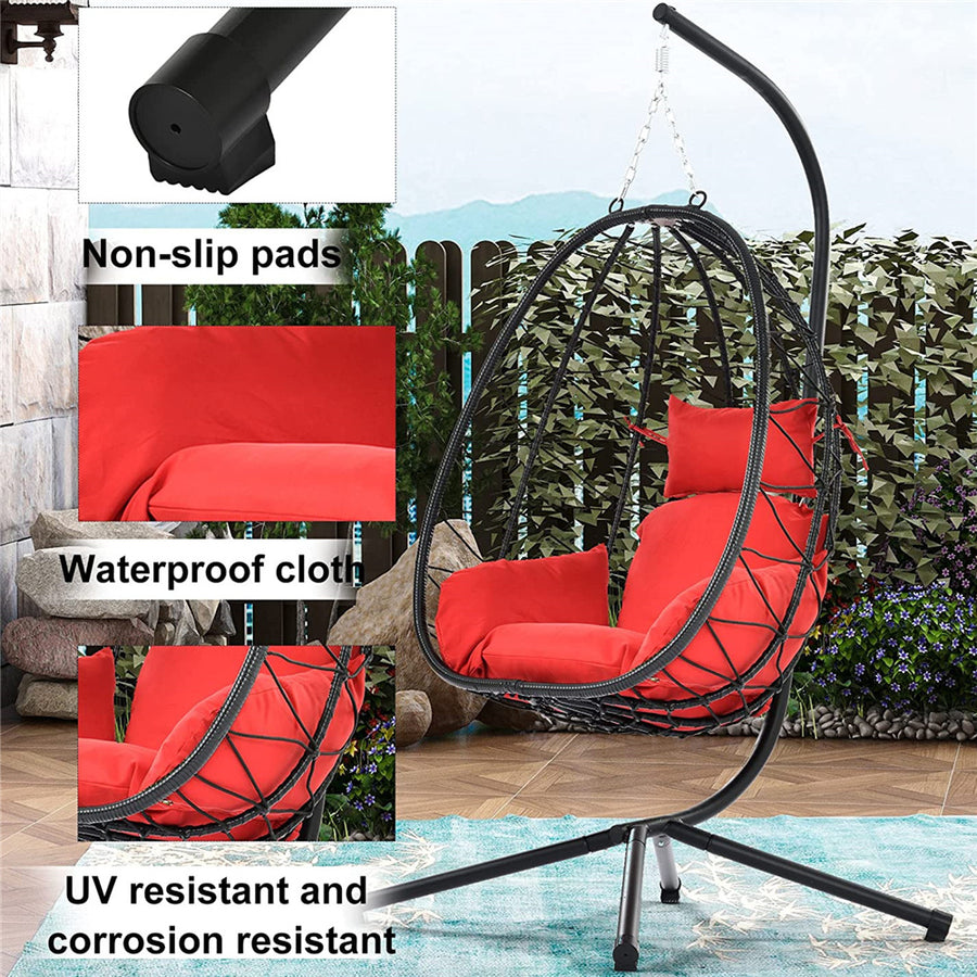 Clearance! Hanging Wicker Egg Chair, Outdoor Patio Hanging Chairs with Stand, UV Resistant Hammock Chair with Comfortable Red Cushion, Durable Indoor Swing Egg Chair for Garden, Backyard, L3952