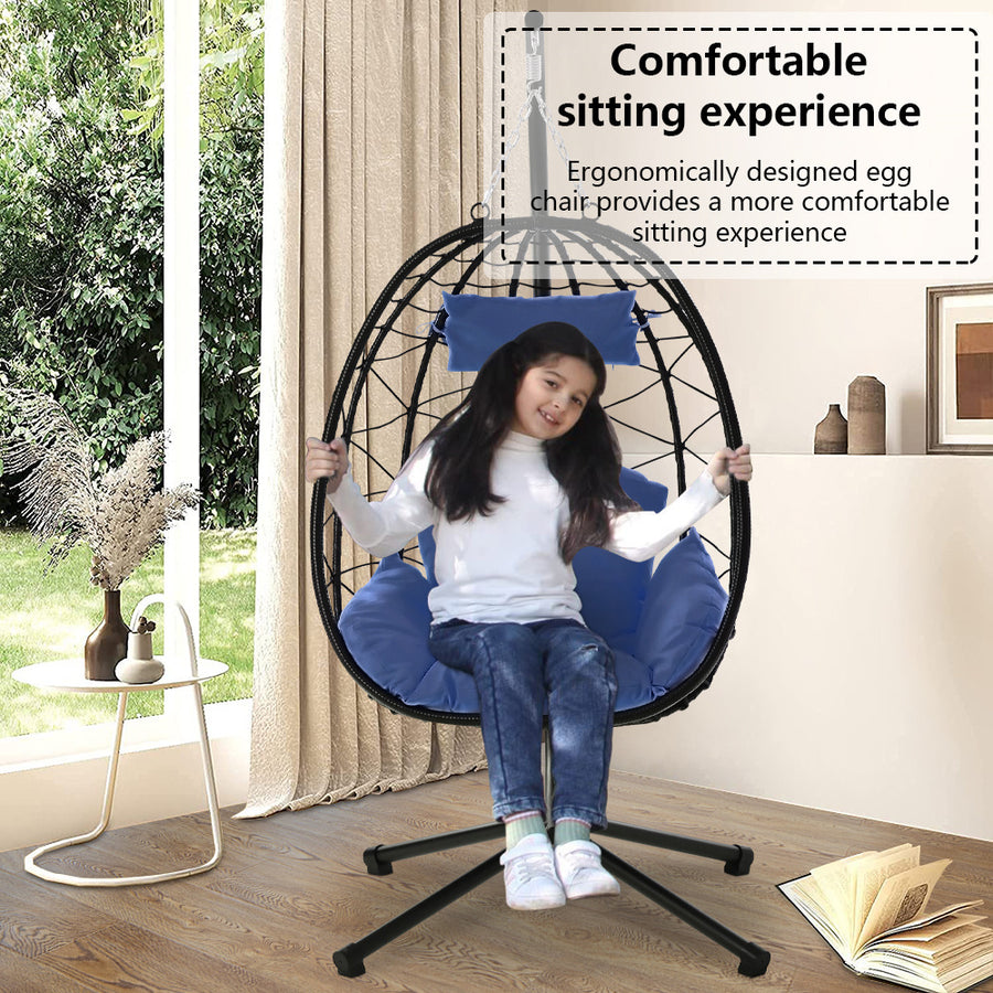 Outdoor Swinging Egg Chair, Patio Wicker Hanging Chairs with Stand, UV Resistant Hammock Chair with Comfortable Navy Blue Cushion, Durable Indoor Swing Egg Chair for Garden, Backyard, L3951