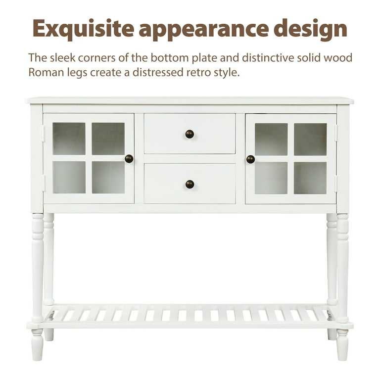 Clearance! 42'' x 14'' x 34'' Console Table with 2 Drawers and 2 Glass Cabinet, Wood Buffet Sideboard Desk with Bottom Shelf, Retro Tall Console Table Entryway Table Accent Table, 114lbs, White, S555