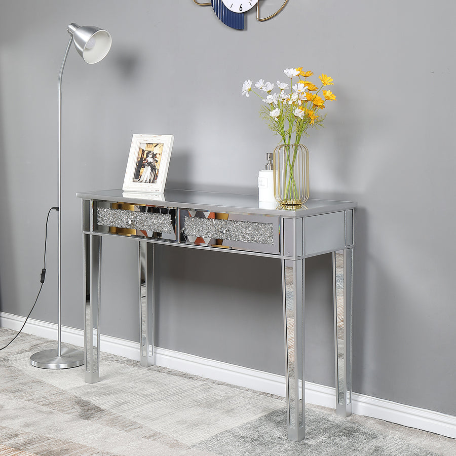 42” Mirrored Console Table with 2 Drawers for Entryway/Hallway, Silver Bedroom Desk Mirror Makeup Table Sofa Tables with Crystal for Living Room