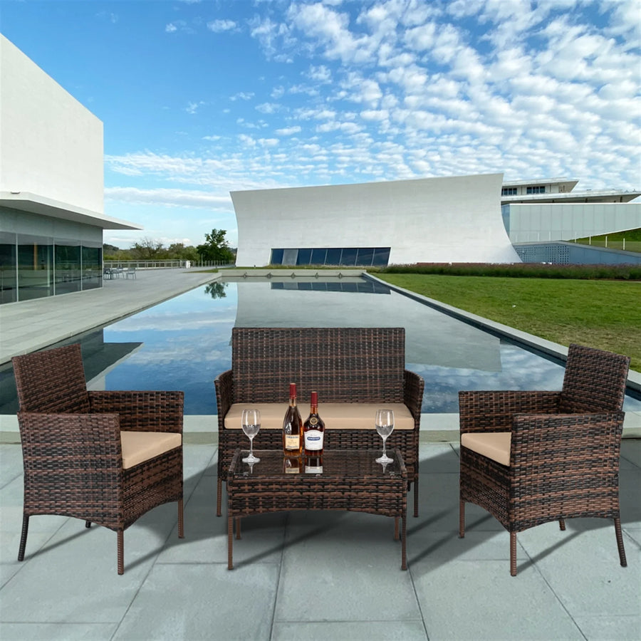 4 Piece Wicker Patio Conversation Furniture Set, Outdoor Rattan Chair and Table Set, Sectional Chair Set with Tea Table & Cushions, Bistro Set for Patio Backyard Porch Garden Poolside Balcony