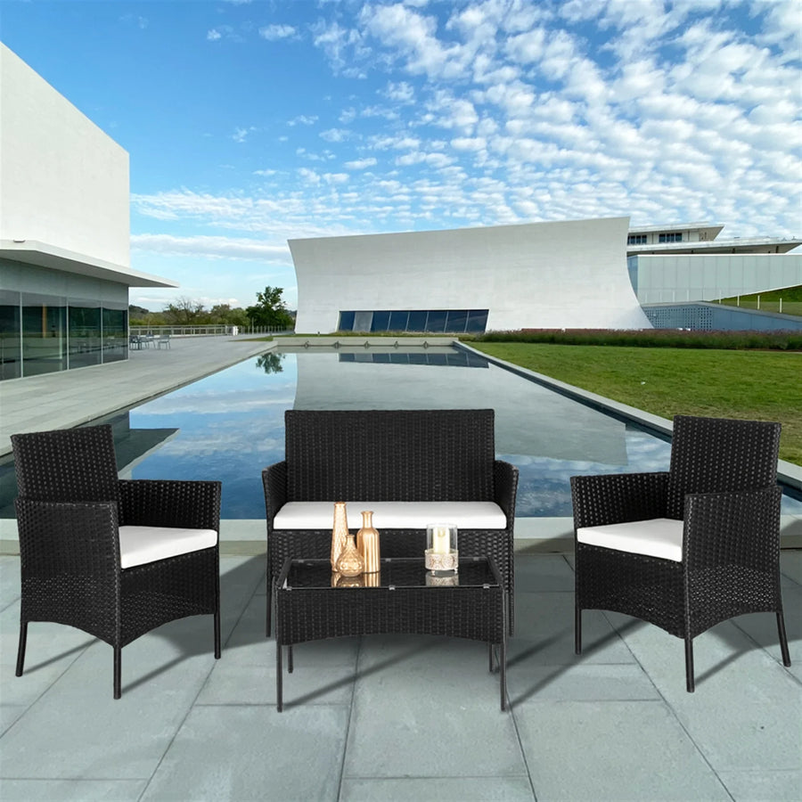 4 Piece Wicker Patio Conversation Furniture Set, Outdoor Rattan Chair and Table Set, Sectional Chair Set with Tea Table & Cushions, Bistro Set for Patio Backyard Porch Garden Poolside Balcony