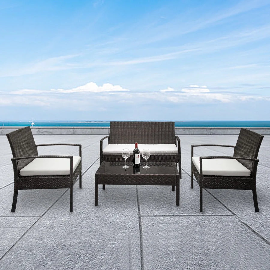 4 Piece Wicker Patio Conversation Furniture Set, Outdoor Rattan Chair and Table Set, Sectional Chair Set with Tea Table & Cushions, Bistro Set for Patio Backyard Porch Garden Poolside Balcony