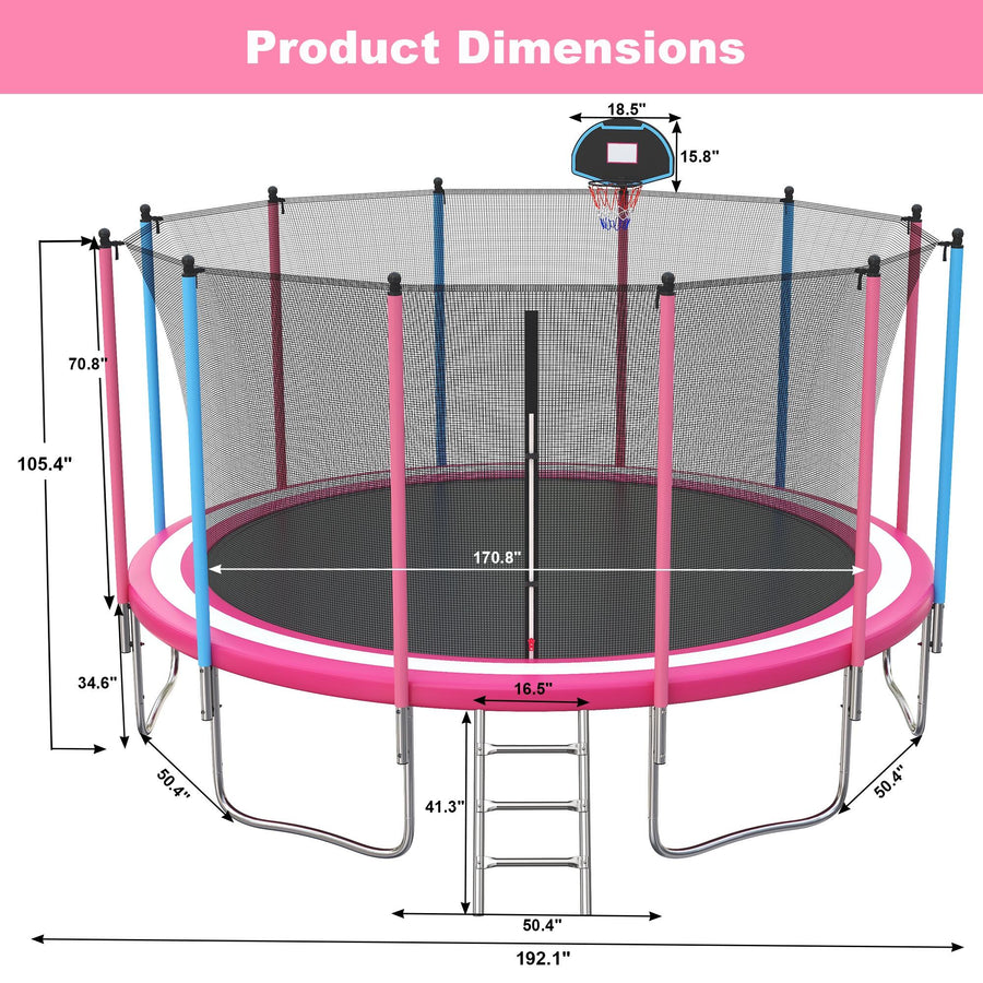16FT Trampoline with Basketball Hoop, Blue Outdoor Trampolines Recreational Kids Trampoline with Enclosure Net Outdoor for 3-5 Kids, L