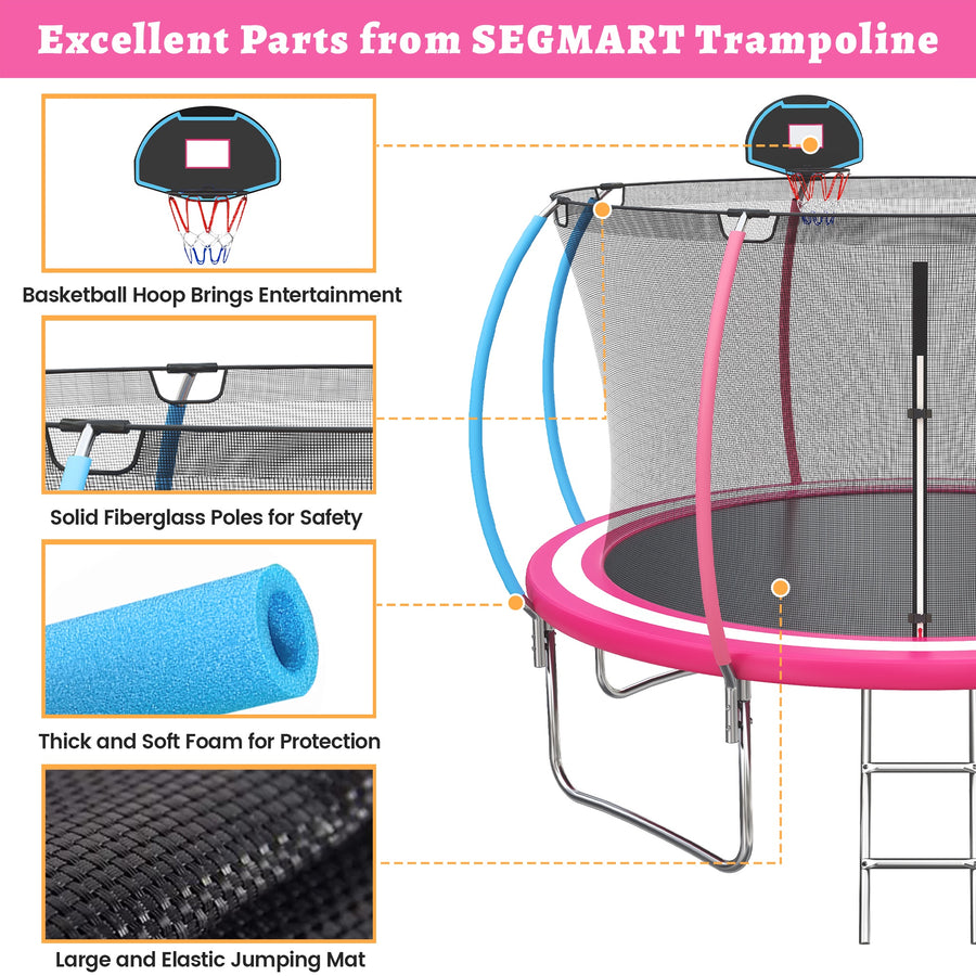 12ft Trampoline for Kids with Basketball Hoop, Outdoor Trampoline with Safety Enclosure Ladder, Back Yard Trampoline for Kids and Adults