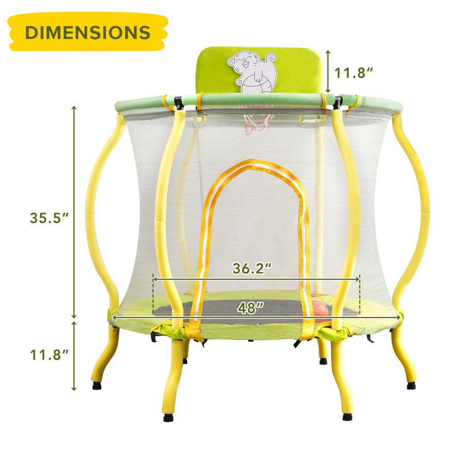 4FT Trampoline with Safety Enclosure Net for Kids, Toddler Mini Trampoline with Basketball Hoop, Ball, Indoor Outdoor Recreational Trampoline with Arc Designed, Gift for Boys & Girls, Light Yellow