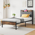 Twin Size Bed Frame with Modern Wooden Headboard, Heavy Duty Platform Metal Bed Frame with Square Frame Footboard, Metal Slats Support Mattress Foundation, Noise-Free, No Box Spring Needed
