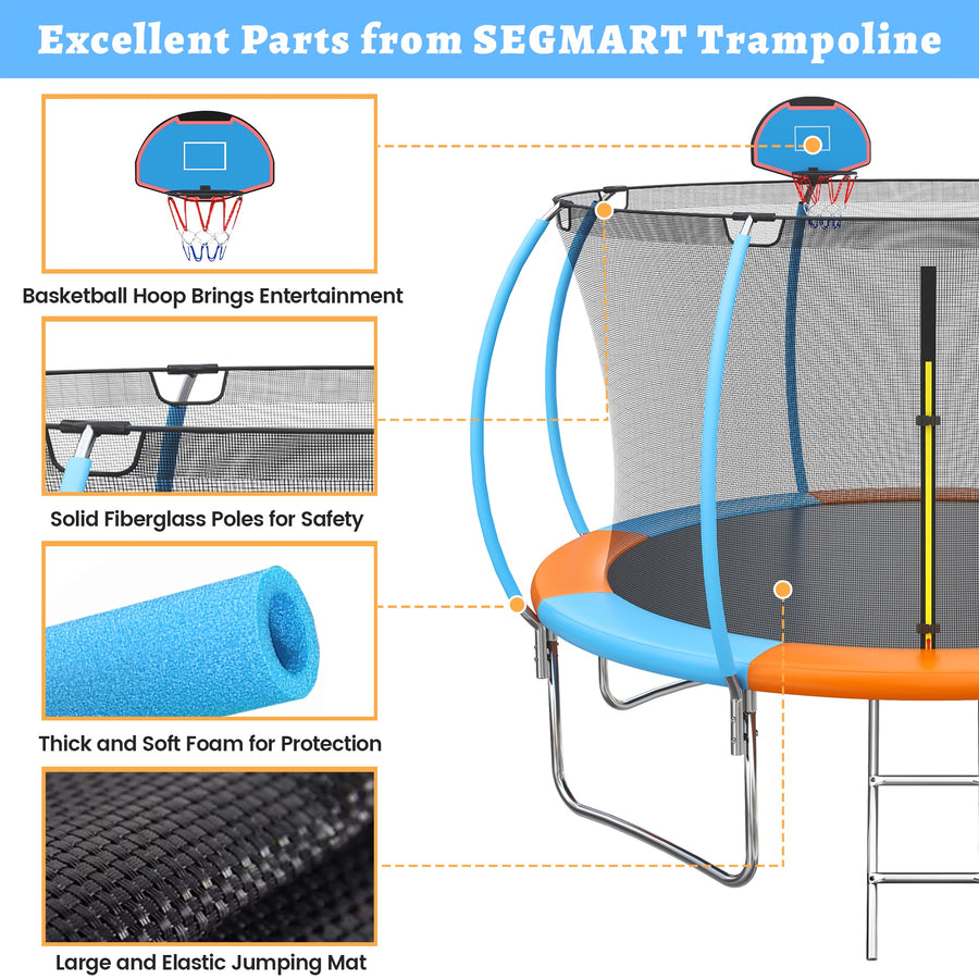 12ft Trampoline with Safety Enclosure, SEGMART Upgrade Outdoor Trampoline with Basketball Hoop, Heavy Duty Back Yard Trampoline with Ladder for Kids and Adults, Black