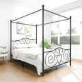 Queen Canopy Bed Frame with Under-Bed Storage, Metal Platform Bed Mattress Foundation with Vintage Style Headboard & Footboard, Easy Assembly, No Box Spring Required, Queen Black