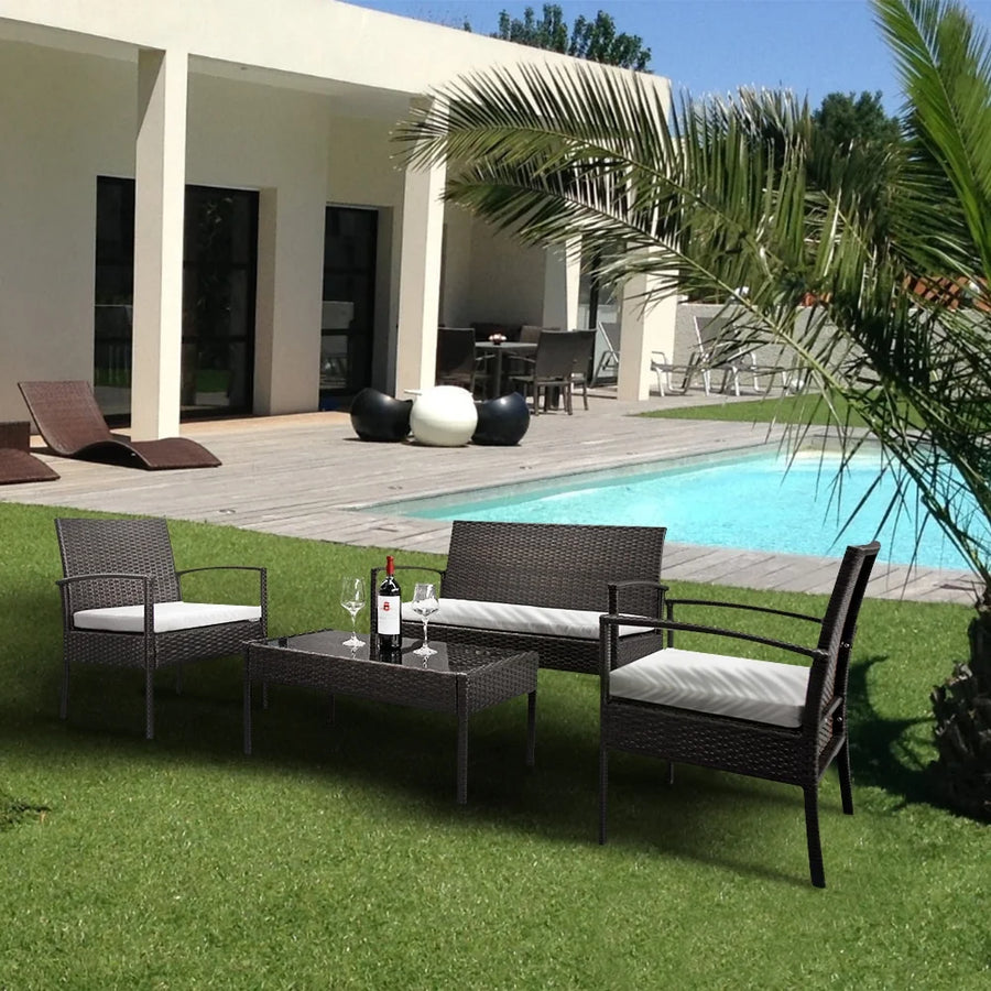 4 Piece Wicker Patio Conversation Furniture Set, Outdoor Rattan Chair and Table Set, Sectional Chair Set with Tea Table & Cushions, Bistro Set for Patio Backyard Porch Garden Poolside Balcony