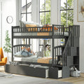 Bunk Beds, Kids Twin Over Twin Loft Bed with Stairs and Guard Rail, Solid Wood Convertible Bunk Bed Frame with Trundle and Storage Drawers, Easy Assembly, No Spring Box Needed, Grey, SS821