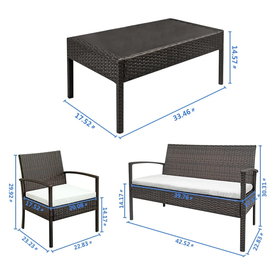 4 Piece Wicker Patio Conversation Furniture Set, Outdoor Rattan Chair and Table Set, Sectional Chair Set with Tea Table & Cushions, Bistro Set for Patio Backyard Porch Garden Poolside Balcony