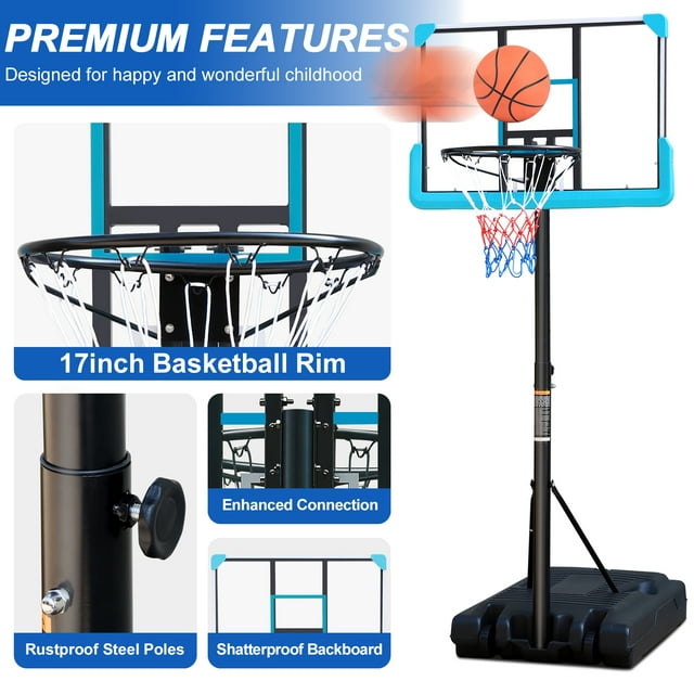 Swimming Pool Basketball Hoop, 4ft to 6.5ft Height-Adjustable Poolside basketball goal, 13 Inch Stainless Steel Rim for Adults & Kids