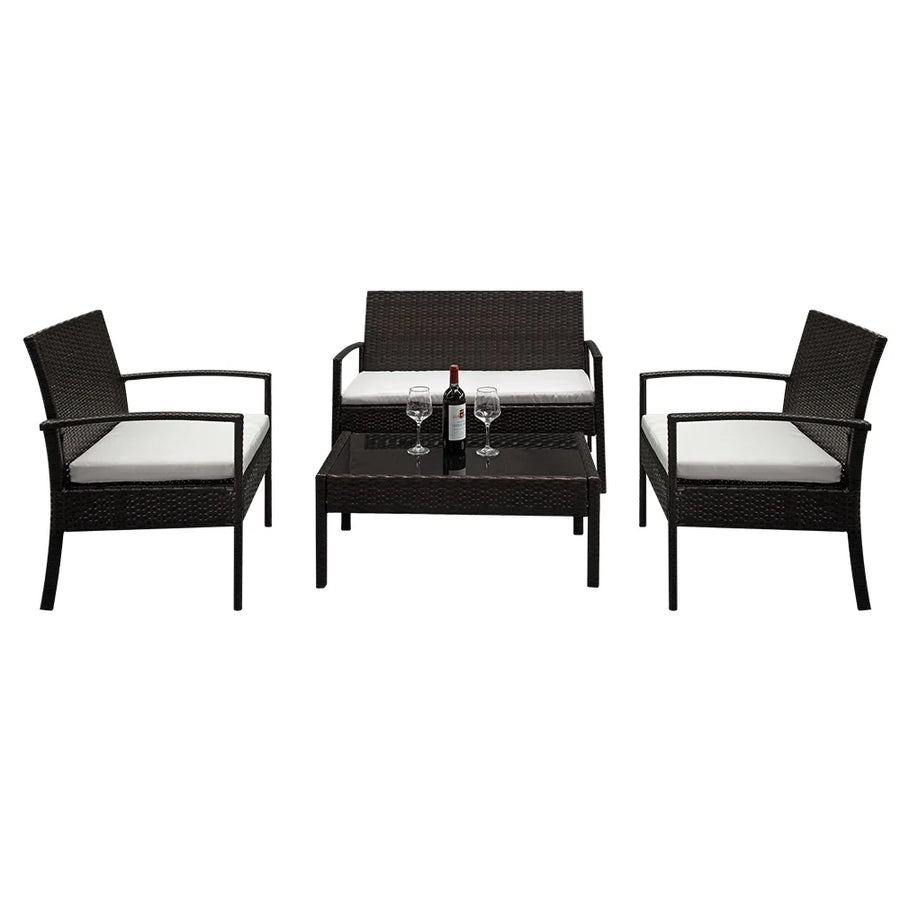 4 Piece Wicker Patio Conversation Furniture Set, Outdoor Rattan Chair and Table Set, Sectional Chair Set with Tea Table & Cushions, Bistro Set for Patio Backyard Porch Garden Poolside Balcony