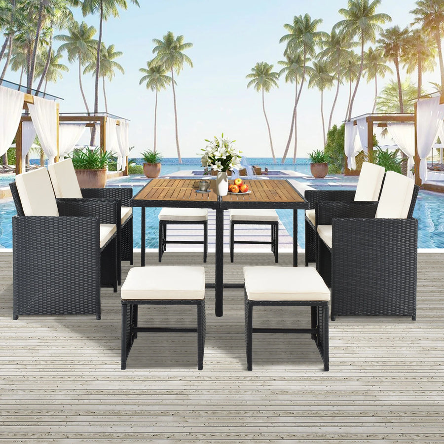 9 Piece Patio Furniture Dining Set, Outdoor Rattan Wicker Patio Dining Table Set, All-Weather Conversation Set, Cushioned Sectional Chair Set with Ottoman & Table for Deck Garden Patio Balcony