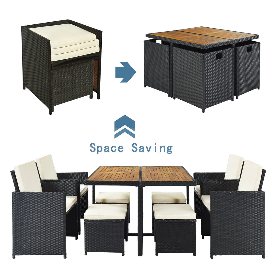 9 Piece Patio Furniture Dining Set, Outdoor Rattan Wicker Patio Dining Table Set, All-Weather Conversation Set, Cushioned Sectional Chair Set with Ottoman & Table for Deck Garden Patio Balcony