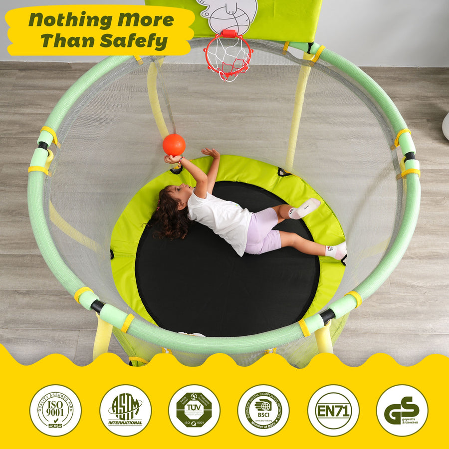 4FT Trampoline with Safety Enclosure Net for Kids, Toddler Mini Trampoline with Basketball Hoop, Ball, Indoor Outdoor Recreational Trampoline with Arc Designed, Gift for Boys & Girls, Light Yellow
