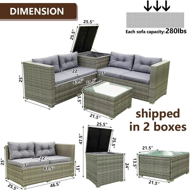 SEGMART 4 Piece Patio Furniture Set, All-Weather Outdoor Sectional Sofa Set, PE Rattan Conversation Set with Storage Box, Table & Cushion, Wicker Furniture Couch Set for Patio Deck Garden Pool Yard