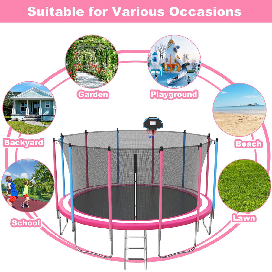 16FT Trampoline with Basketball Hoop, Blue Outdoor Trampolines Recreational Kids Trampoline with Enclosure Net Outdoor for 3-5 Kids, L