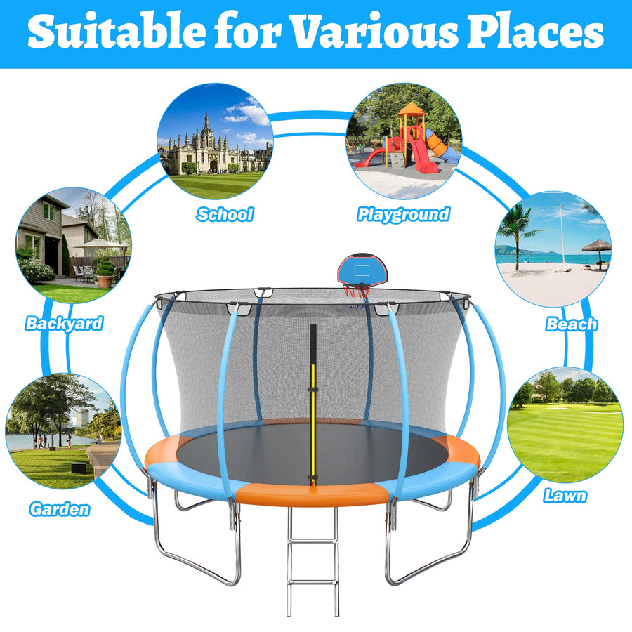 12ft Trampoline with Safety Enclosure, SEGMART Upgrade Outdoor Trampoline with Basketball Hoop, Heavy Duty Back Yard Trampoline with Ladder for Kids and Adults, Black