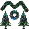 SEGMART Pre-lit Christmas Trees Set, 4PCS Artificial Christmas Decor Set with 2 Christmas Tree, Christmas Garland and Pine Wreath, Decorations for Home, Party, Indoor, Outdoor, SS041