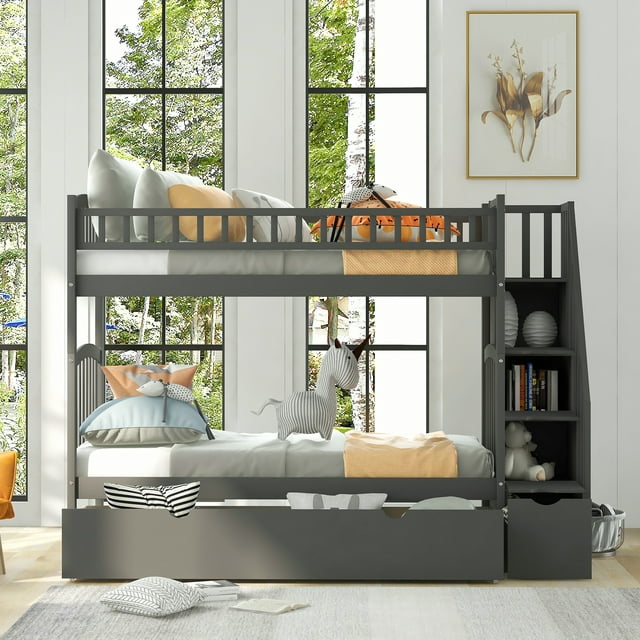 Bunk Beds, Kids Twin Over Twin Loft Bed with Stairs and Guard Rail, Solid Wood Convertible Bunk Bed Frame with Trundle and Storage Drawers, Easy Assembly, No Spring Box Needed, Grey, SS821