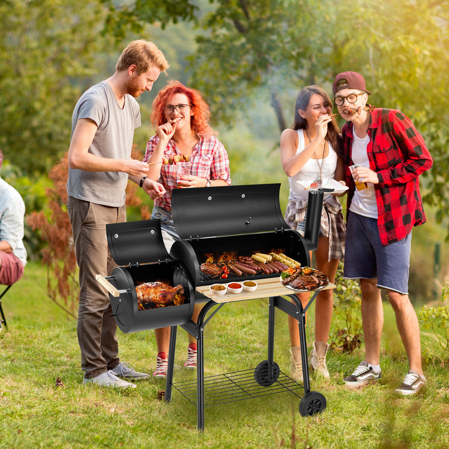 Segmart Charcoal Grill with Offset Smoker & Side Table, Portable Outdoor Camping Barrel BBQ Oven with Wheels, Black
