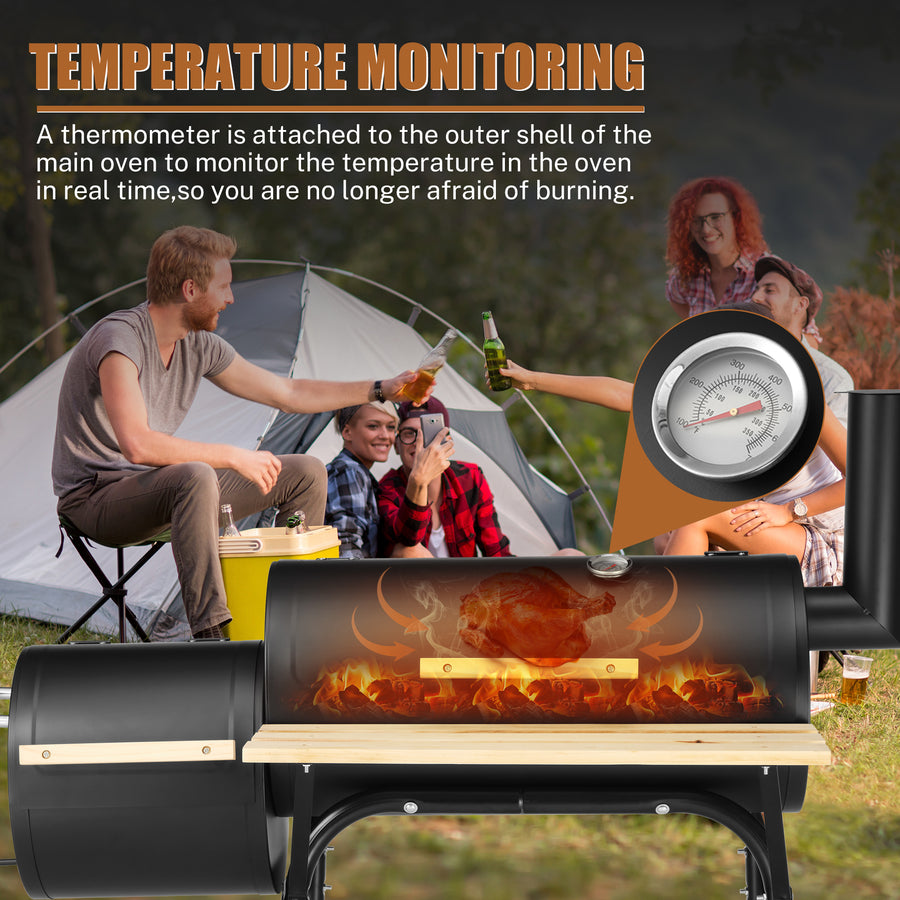 Segmart Charcoal Grill with Offset Smoker & Side Table, Portable Outdoor Camping Barrel BBQ Oven with Wheels, Black