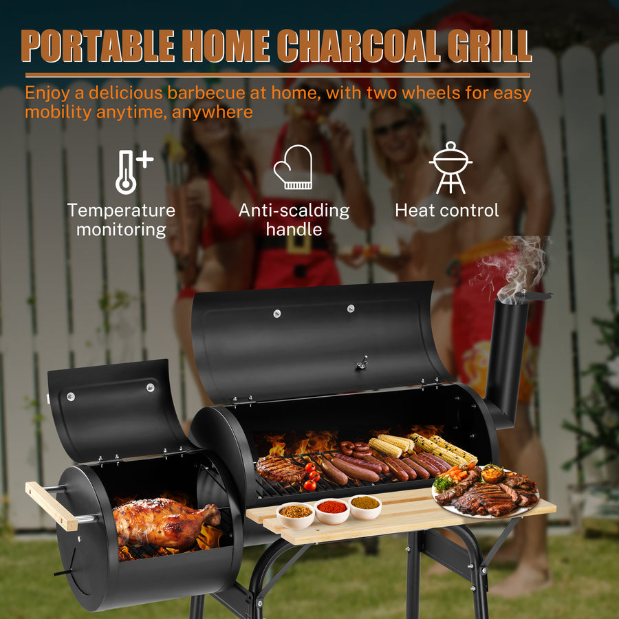 Segmart Charcoal Grill with Offset Smoker & Side Table, Portable Outdoor Camping Barrel BBQ Oven with Wheels, Black