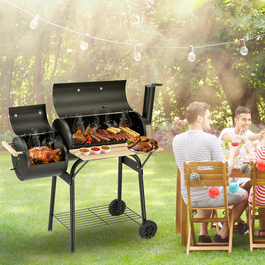 Segmart Charcoal Grill with Offset Smoker & Side Table, Portable Outdoor Camping Barrel BBQ Oven with Wheels, Black