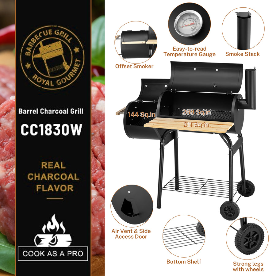 Segmart Charcoal Grill with Offset Smoker & Side Table, Portable Outdoor Camping Barrel BBQ Oven with Wheels, Black