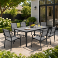 7 Piece Outdoor Dining Set, Patio Dining Table Set for 6 Persons, Garden Patio Textilene Dining Furniture Set with Plastic-Wood Tabletop, Dining Table Chairs Conversation Set for Deck Patio
