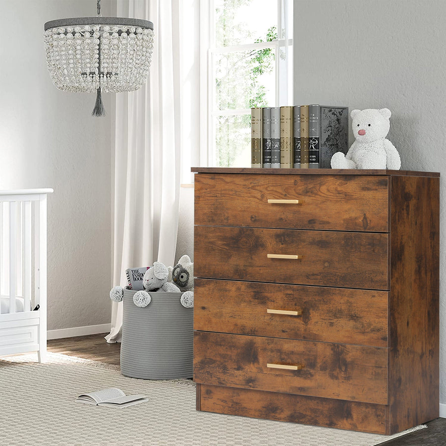 4-Drawer Wood Chest of Drawers for Bedroom, Fashion Elegant Chest of Drawers w/Metal Handles, Durable MDF Wood Chest Cabinet for Closet to Storing Clothes Office, Brown, S7891
