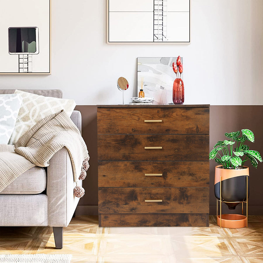 4-Drawer Wood Chest of Drawers for Bedroom, Fashion Elegant Chest of Drawers w/Metal Handles, Durable MDF Wood Chest Cabinet for Closet to Storing Clothes Office, Brown, S7891