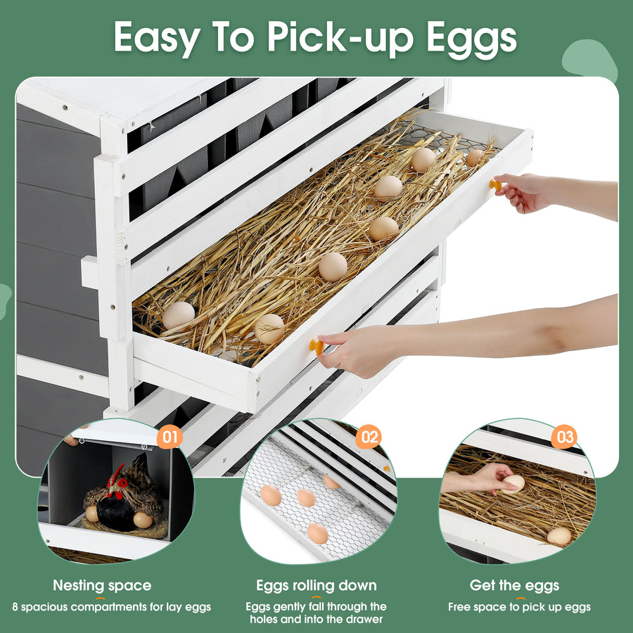 Segmart Chicken Nesting Box for Laying Eggs, Solid Wooden 8 Hole Large Wooden Hen House with 2 Roll Out Drawers and 4 Vented Holes, 2 Foldable Perches, Grey