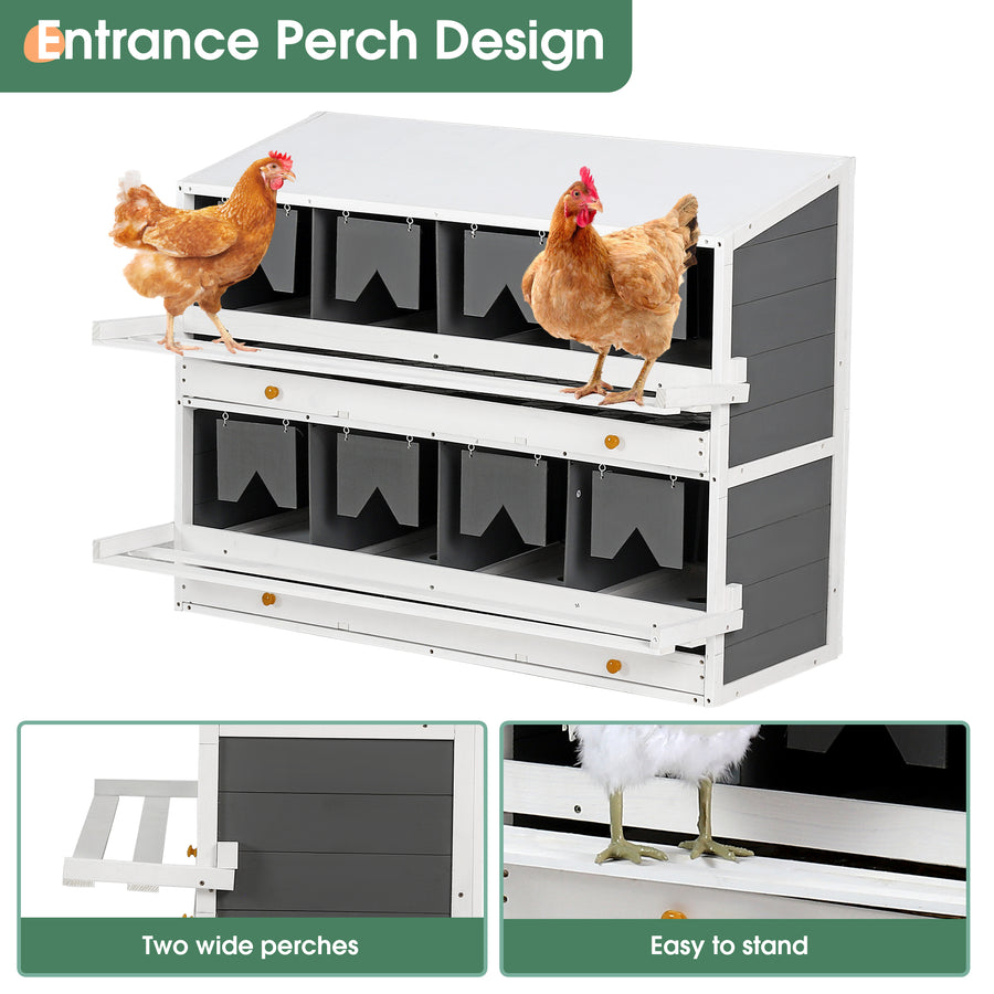 Segmart Chicken Nesting Box for Laying Eggs, Solid Wooden 8 Hole Large Wooden Hen House with 2 Roll Out Drawers and 4 Vented Holes, 2 Foldable Perches, Grey