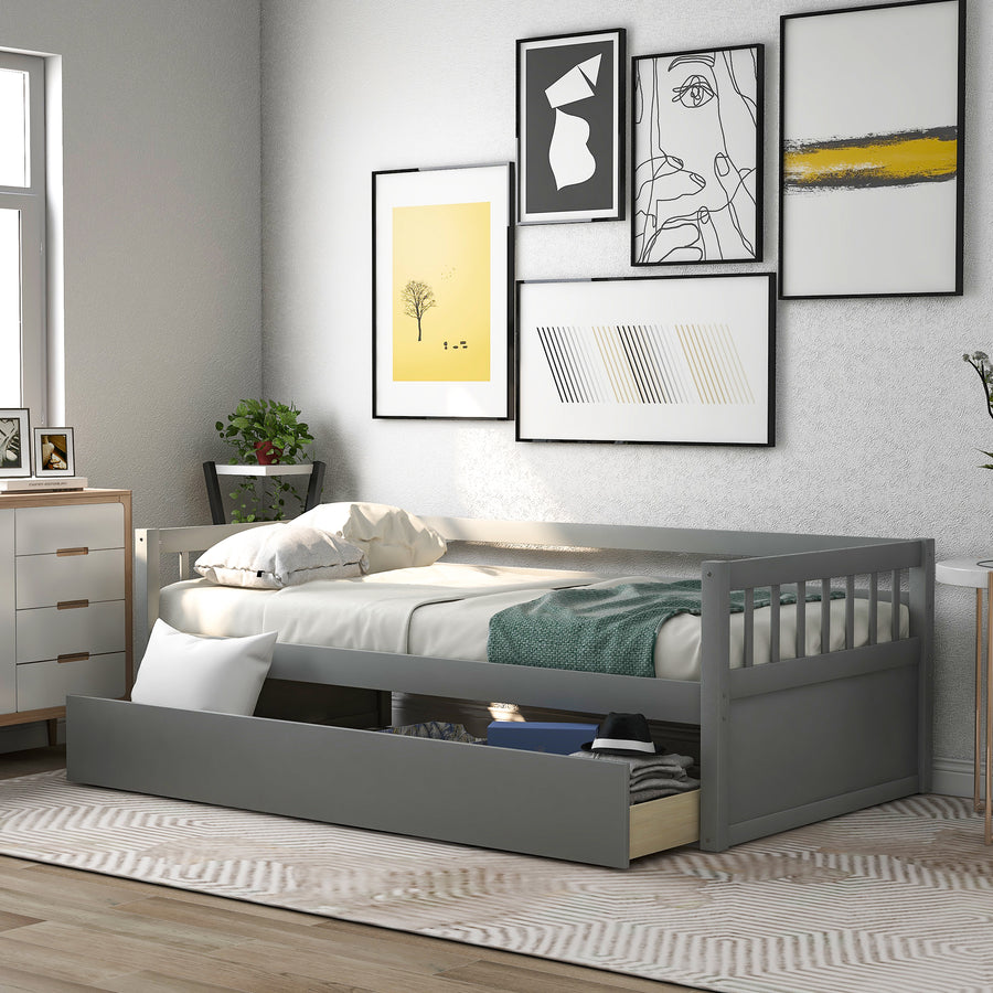 Twin Daybed Bed, SEGMART Captain Sofa Bed with 2 Storage Drawers, Wood Twin Daybed Bed with 10 Slats Strong Support, Farmhouse Style Solid Wood Bedframe for Kid's Room, Teens, Grey, S321