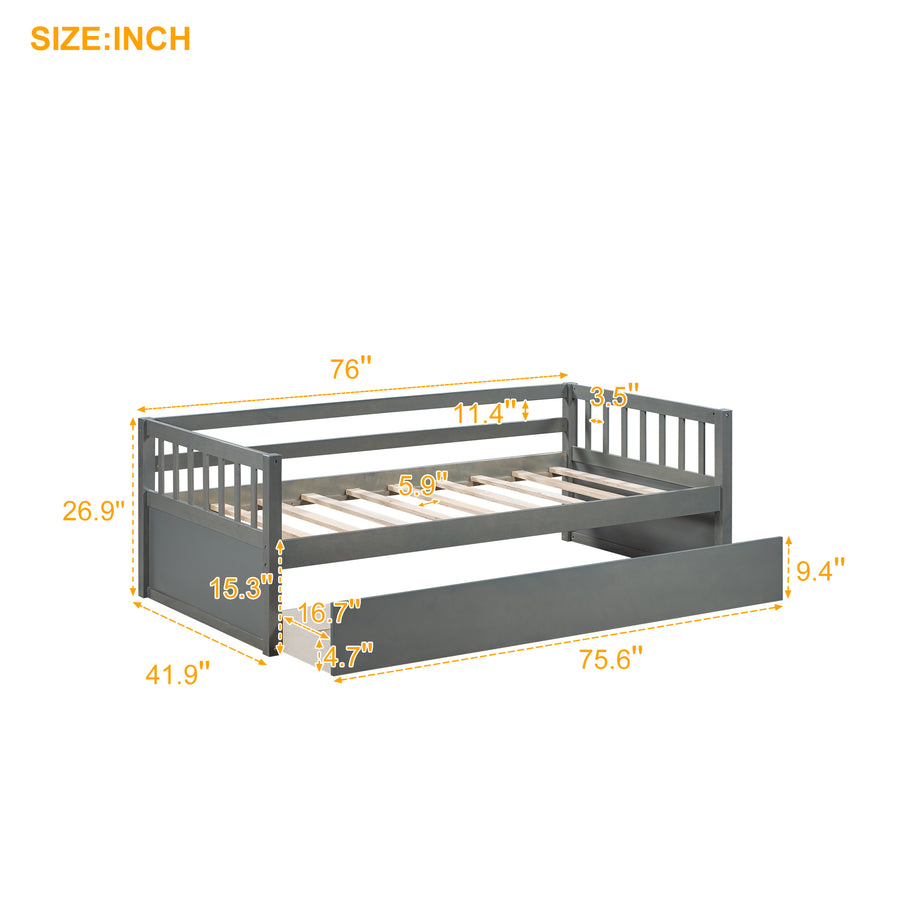 Twin Daybed Bed, SEGMART Captain Sofa Bed with 2 Storage Drawers, Wood Twin Daybed Bed with 10 Slats Strong Support, Farmhouse Style Solid Wood Bedframe for Kid's Room, Teens, Grey, S321