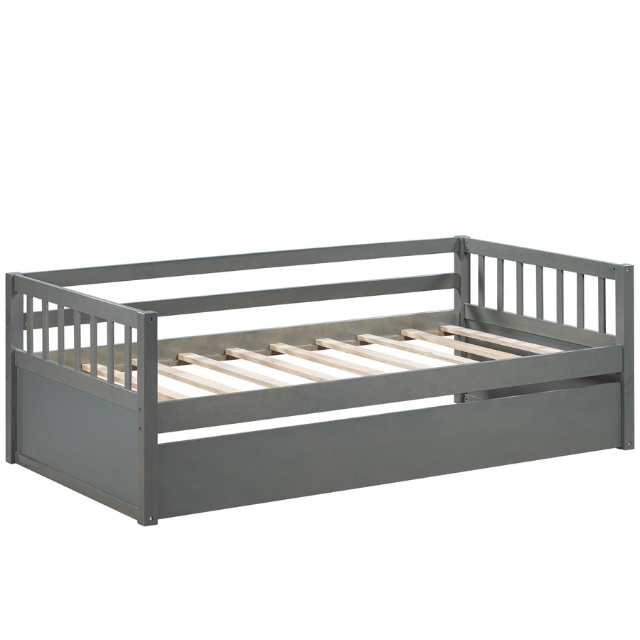 Twin Daybed Bed, SEGMART Captain Sofa Bed with 2 Storage Drawers, Wood Twin Daybed Bed with 10 Slats Strong Support, Farmhouse Style Solid Wood Bedframe for Kid's Room, Teens, Grey, S321