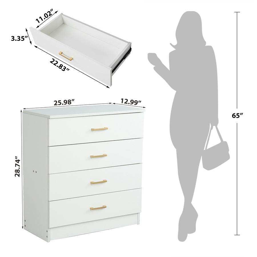 4 Drawer Dresser, 26'' x 13'' x 29'' Simple Elegant Chest of Drawers w/Metal Handles, Durable MDF Wood Chest Cabinet for Bedroom, Pure White Universal Drawer Chest for Closet to Storing Clothes, S7880