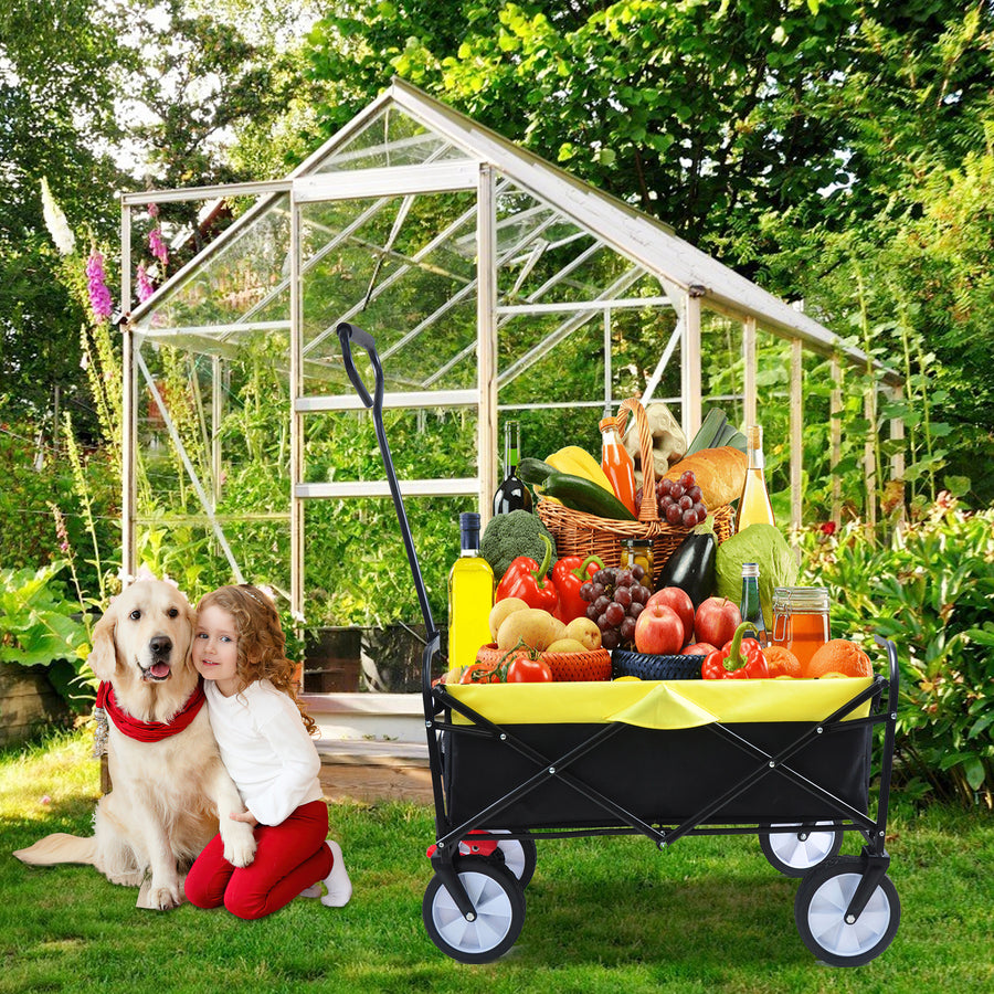 Segmart Wagon Utility Cart, Folding Outdoor Beach Wagon with Adjustable Handle & 2 Mesh Cup Holders, Wagon Perfect for Camping, Concerts, Sporting Events, Beach, 150lbs, Black + Yellow, S10484